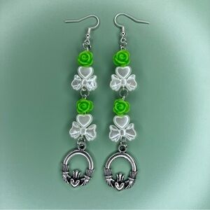 Handmade Green Rose & Pearl Tone Beaded Earrings with Silver Tone Claddagh